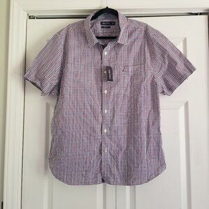Nautica Men's Shirt XX-Large Red White Blue Slim Fit Button Up Plaid Logo Cotton